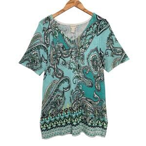 Chico's Cool Paisley Floral Pullover Teal Sweater - Size 2 (Large)